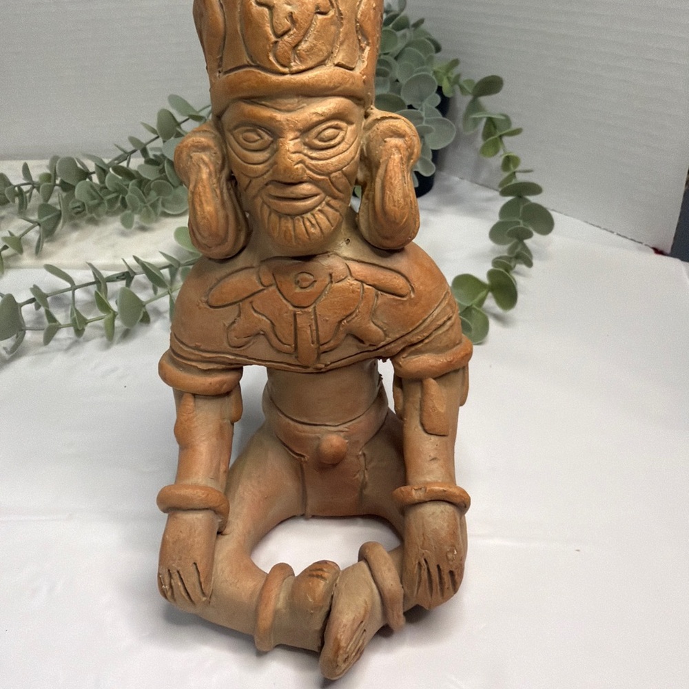 Vintage Mazatlan Mexico Clay Mayan Tribal Folk Art Figurine Sitting Man